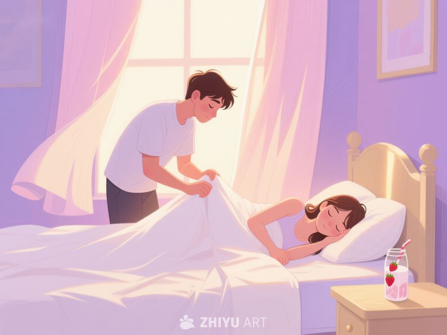 温馨晨光中，男子为女子盖被 699