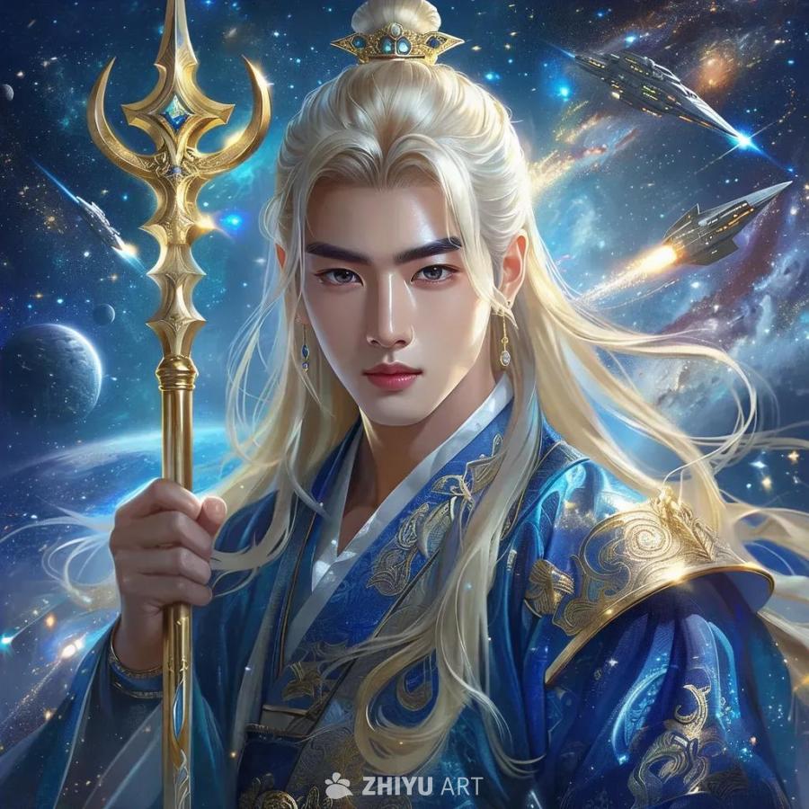 一个有着金色长发和蓝色眼睛的年轻男子，身穿蓝色和金