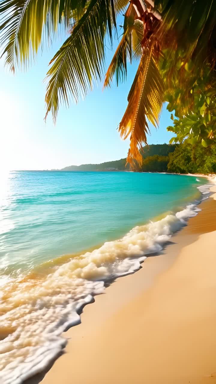 一片宁静的海滩，拥有绿松石色的海水和白色的沙滩，岸