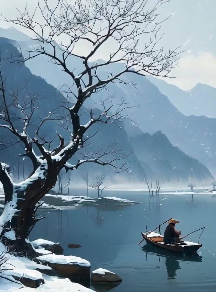 雪落寒江钓翁，孤舟蓑笠山色朦胧