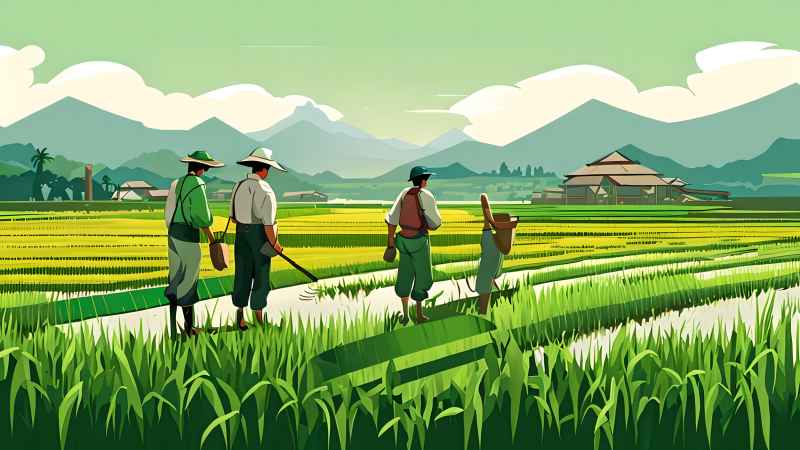 稻田和农作物中的农民绿色范例风格插画 22