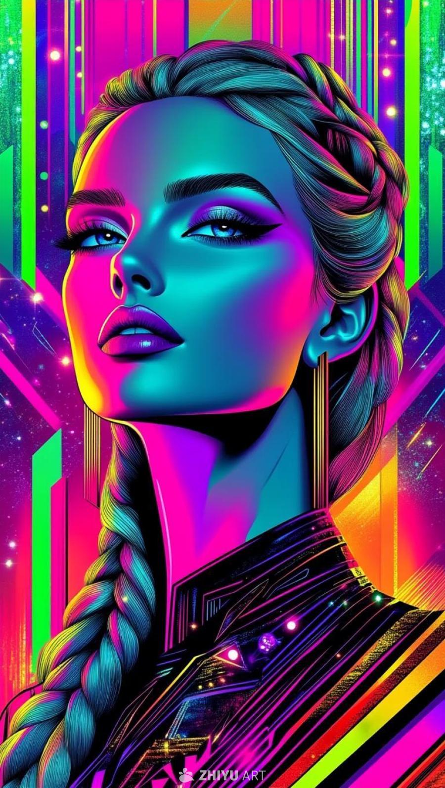 一幅流行艺术风格的画像，描绘了一位美丽的北欧女神。