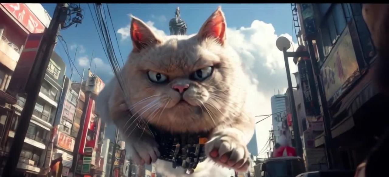 一只巨大的猫咪从城市上空走过。背景是高楼林立的城市