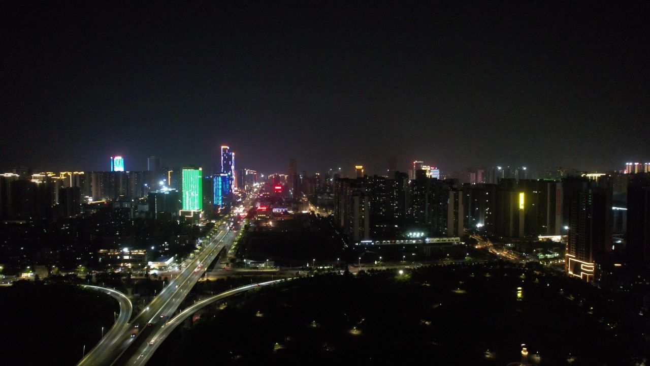 广东湛江城市夜景灯光交通航拍