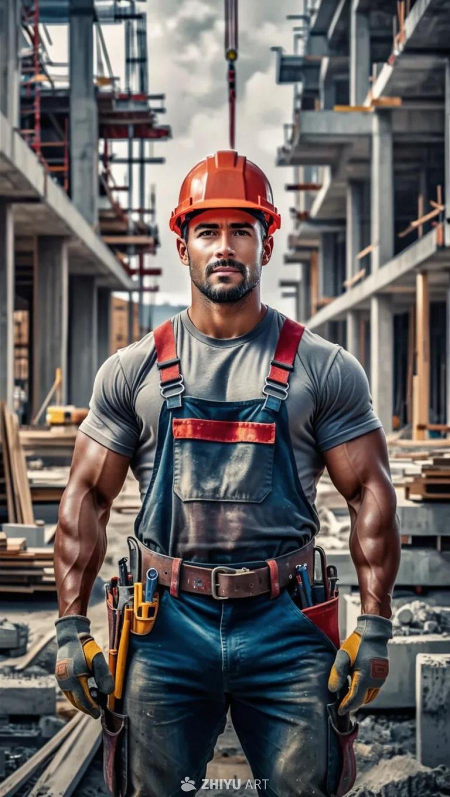 一名高大的建筑工人穿着工作服，肩上挂着装满工具的腰