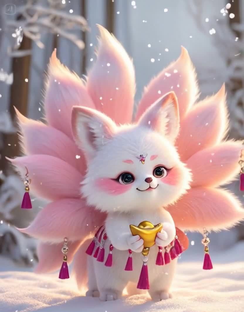 毛茸茸粉色狐狸手持金元宝雪地迎新年