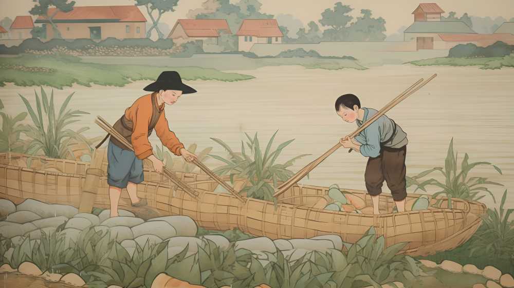 两个男孩湖里抓玩