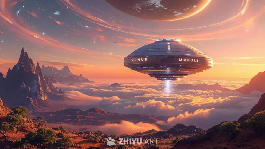 漂浮在金星厚厚的云层中的未来主义金星模块，散发出温