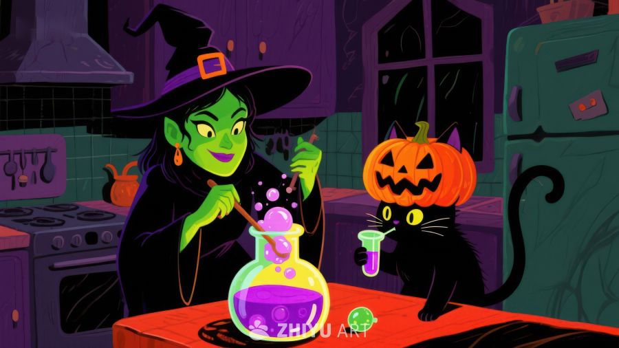 万圣节女巫与黑猫的魔法时刻