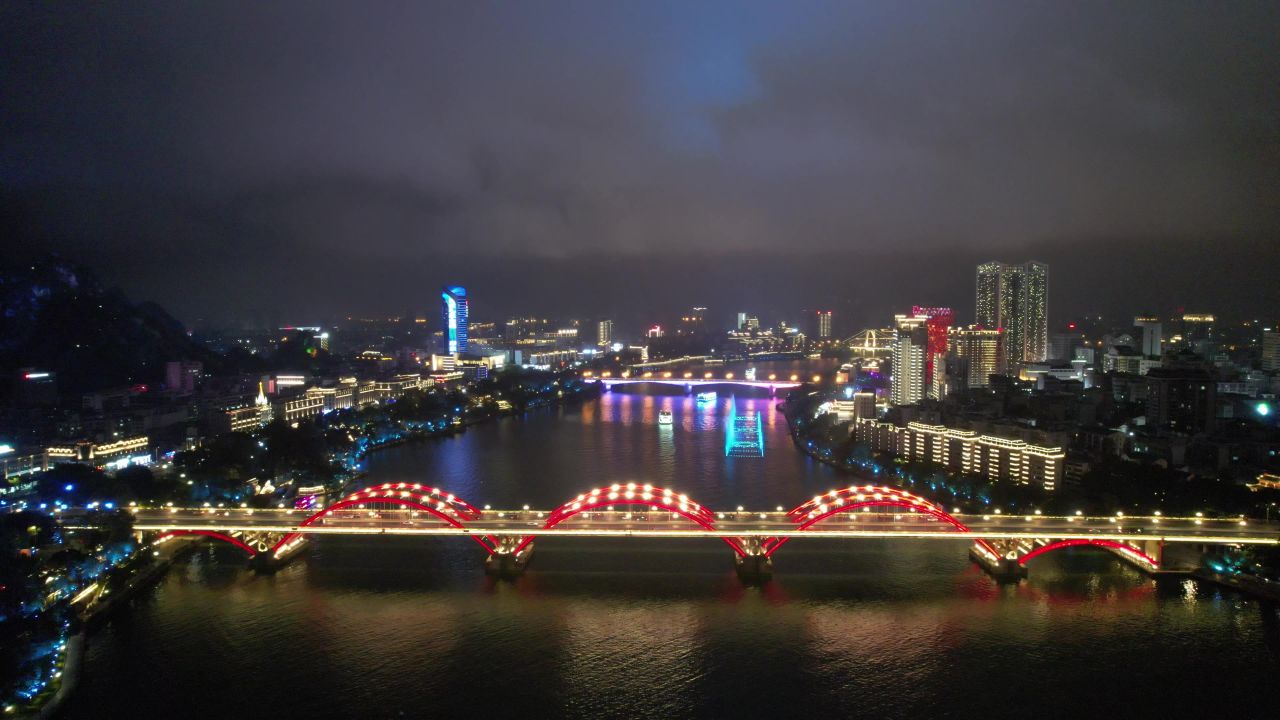 广西柳州柳江桥梁交通夜景灯光