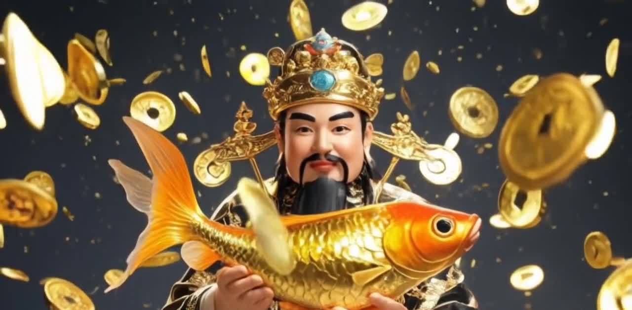 财神爷手持金鱼，金币洒落人间