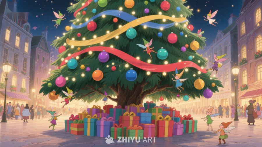节日树下礼物缤纷夜景 127