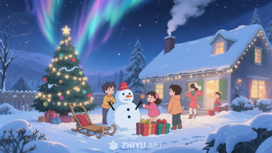 冬夜雪地里的温馨圣诞场景 114