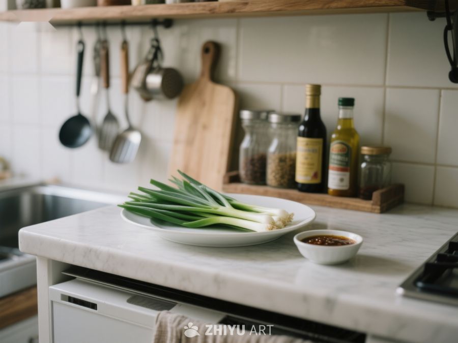 厨房台面的青葱与调味品 76