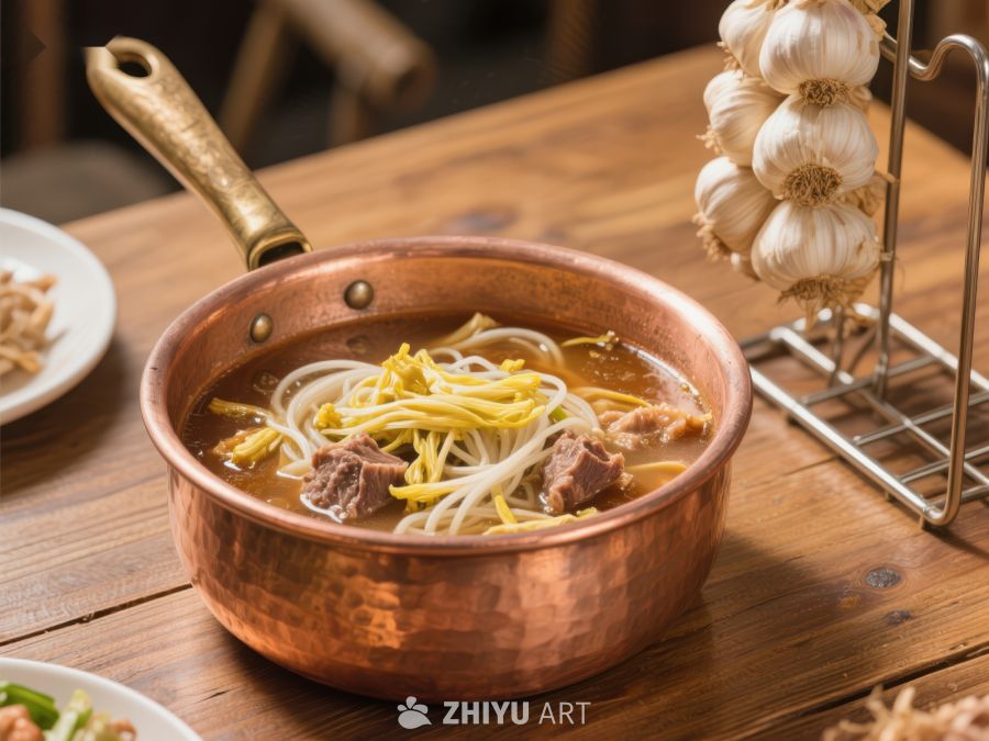 铜锅热汤面，配以豆芽和牛肉 729