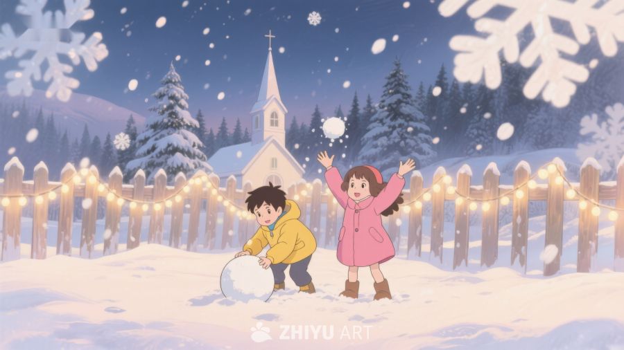 冬日雪景中嬉戏的两个孩子 26