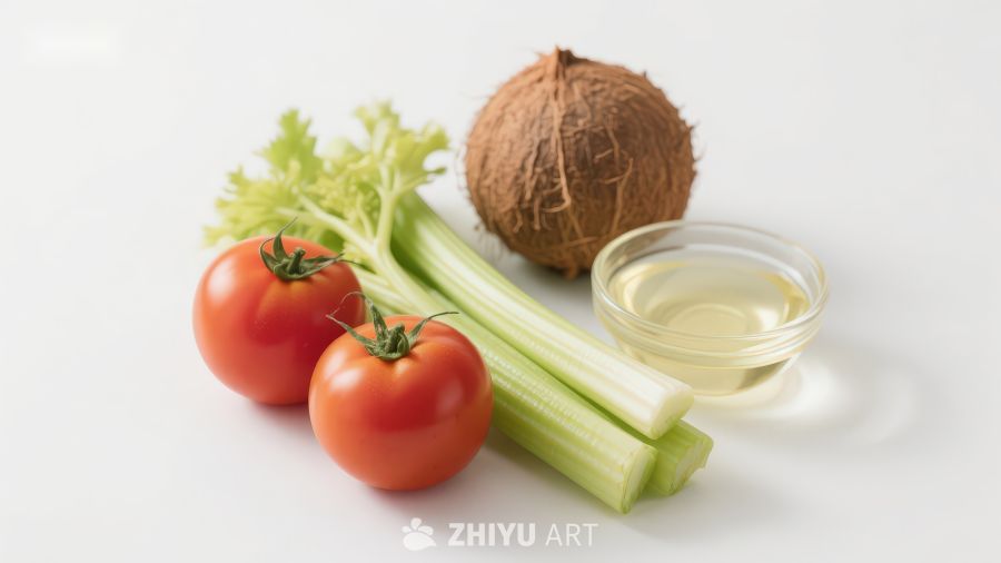 新鲜蔬菜与椰子油食材展示