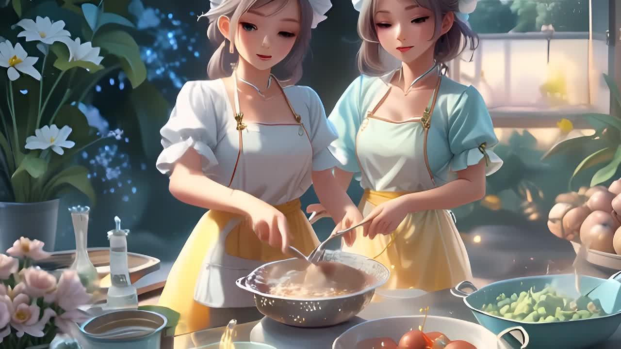两个穿着围裙的动漫少女在一个布置着鲜花和植物的厨房