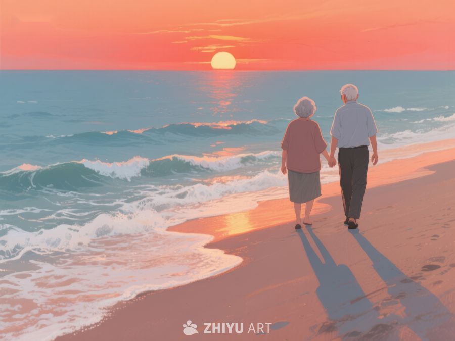 夕阳下漫步海滩的老人 857