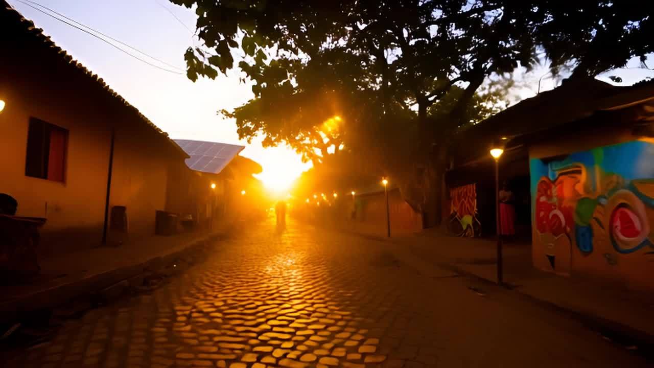 非洲一条街道，低角度拍摄，街道两旁排列着太阳能灯，