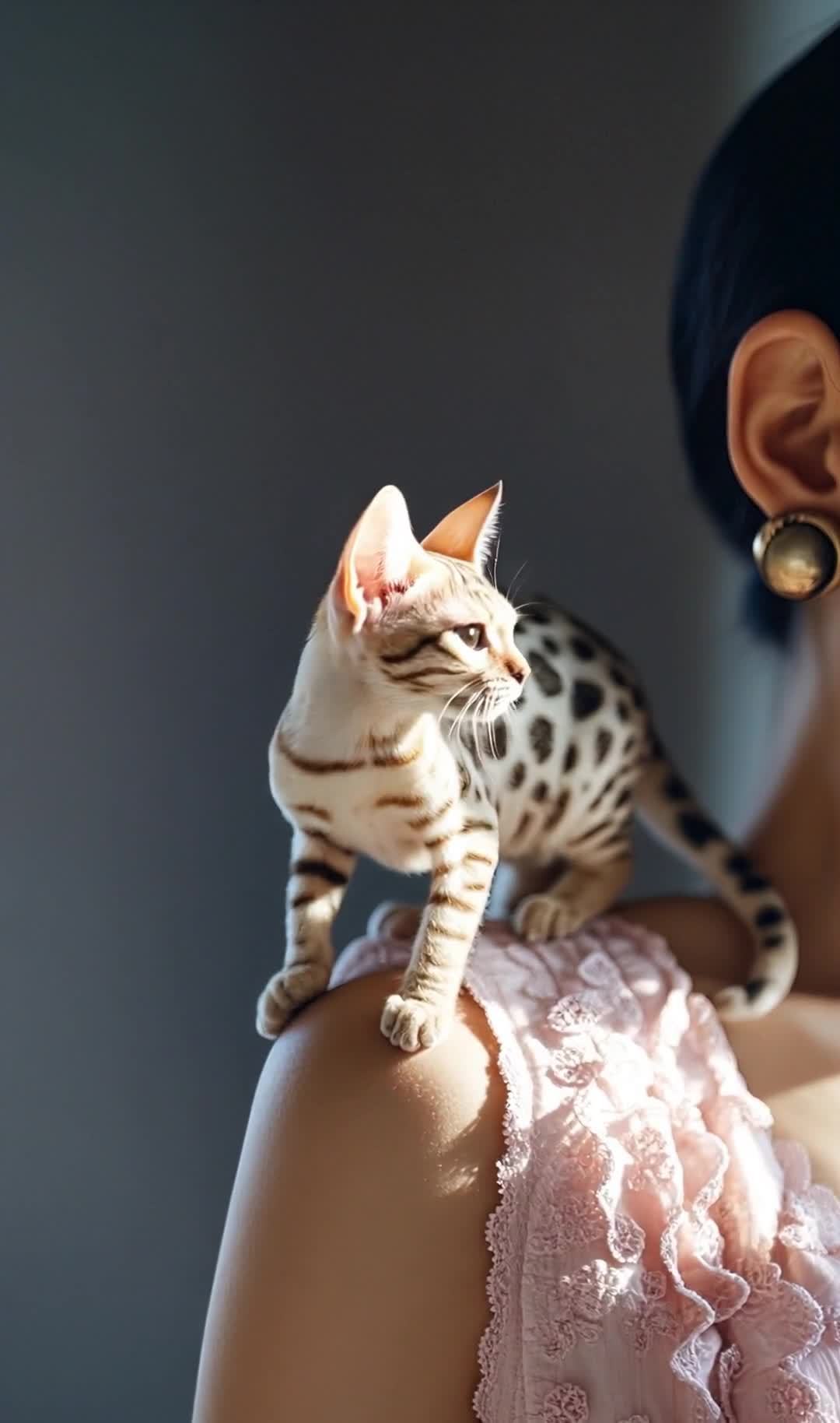 孟加拉猫站肩上，粉裙女孩，优雅光影特写。