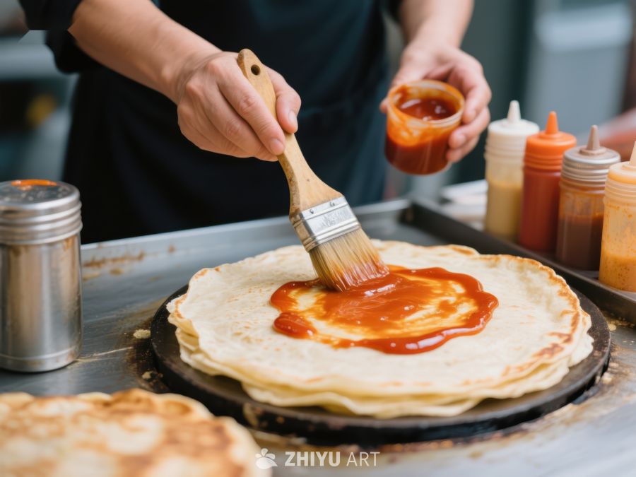 厨师用刷子涂抹酱料在薄饼上 125