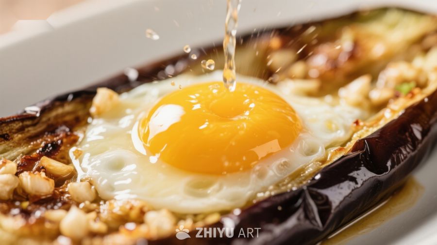 煎蛋浇汁烤茄子美食特写