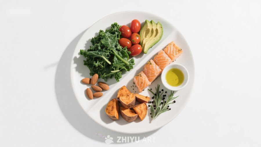 均衡饮食：三文鱼、蔬菜与坚果的健康组合