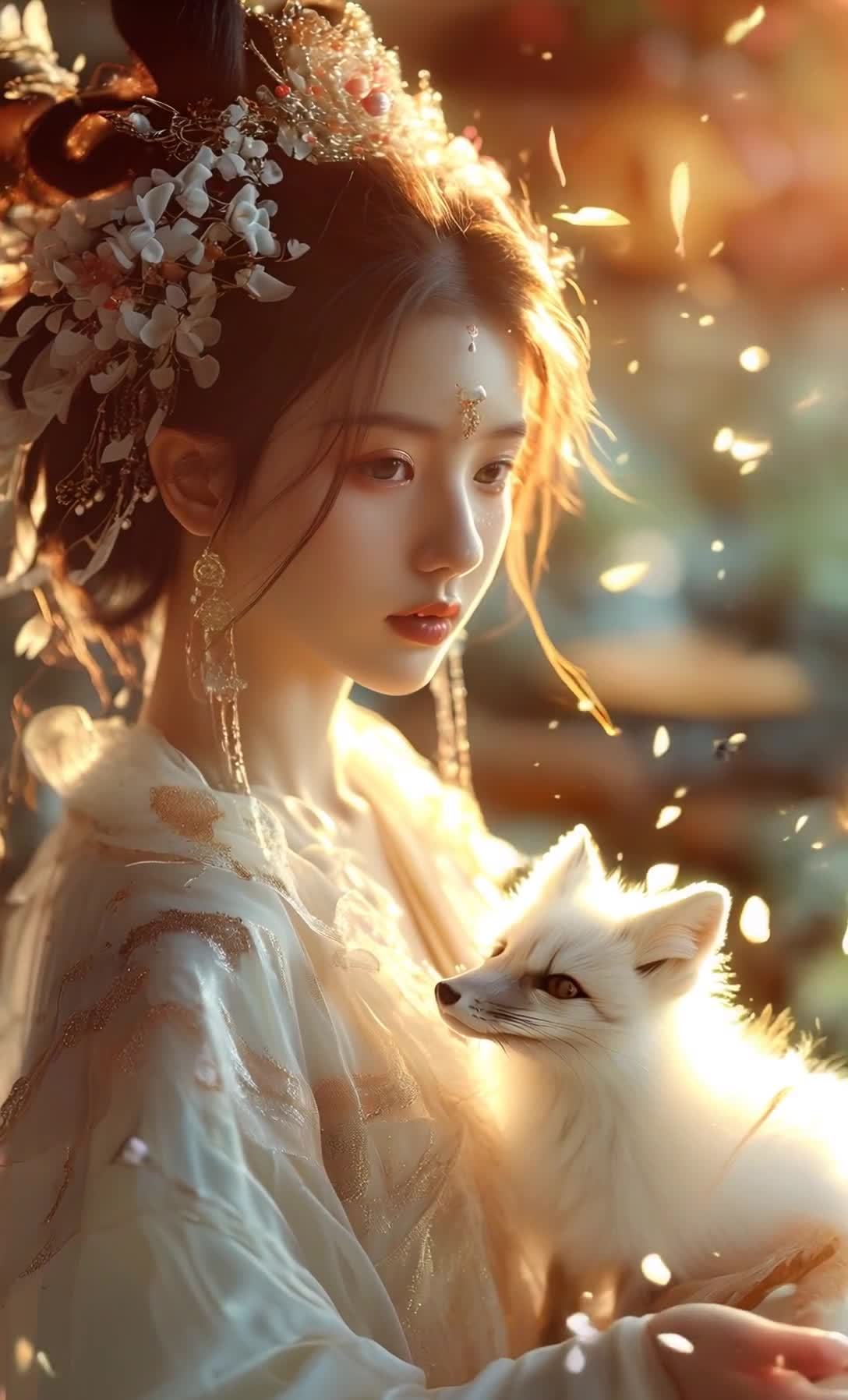 一位身着华丽服饰的女子，头戴精致的花饰，妆容精致，