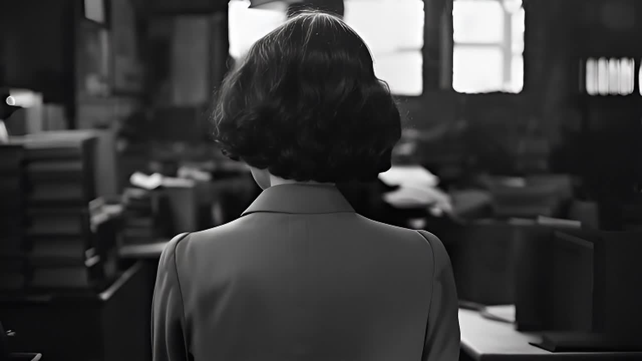 黑白画面中，一位女士背对着镜头，她留着波浪形的短发