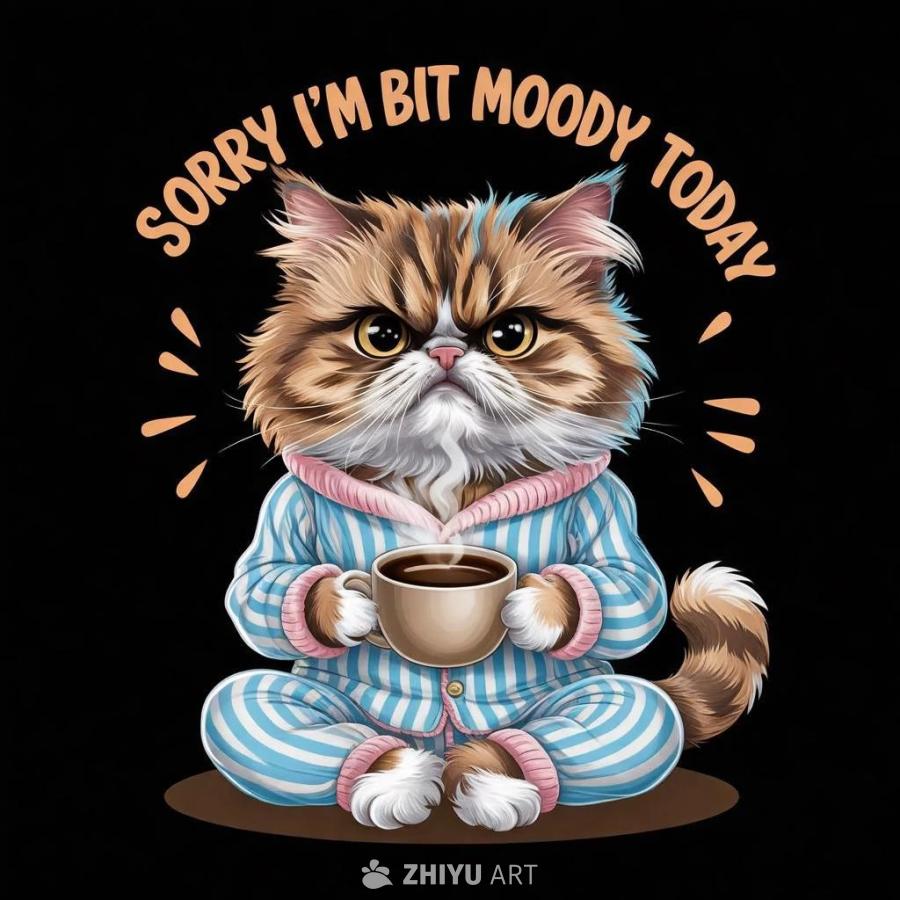 一只略带怒容的波斯猫穿着舒适的条纹睡衣，捧着一杯热