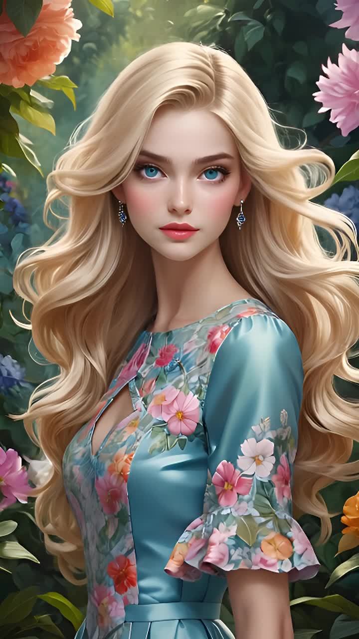 一位有着蓝色眼睛的女性，她有着长长的金色波浪形头发