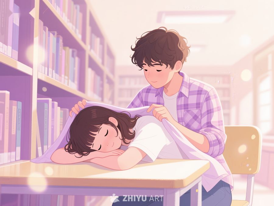 图书馆中男生为熟睡女生盖上外套 689