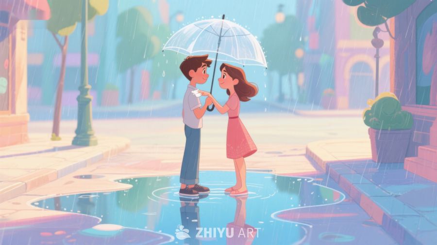 雨中伞下，两人温馨对视 652