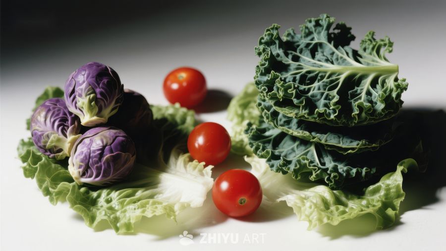 新鲜蔬菜组合：卷心菜、樱桃番茄与羽衣甘蓝