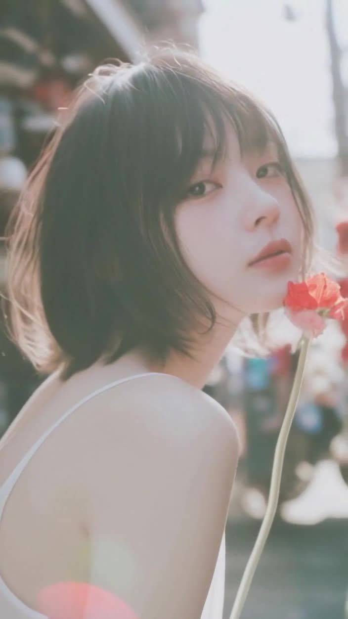短发女孩手持红花，背景模糊的光线。