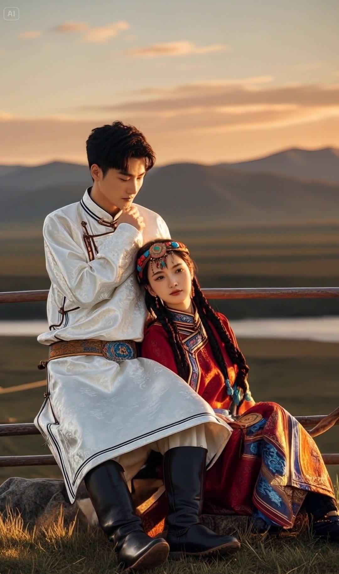 民族服饰情侣山前依偎，夕阳下景色唯美动人。