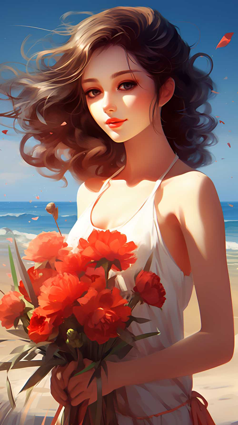 手拿花花的插画美女