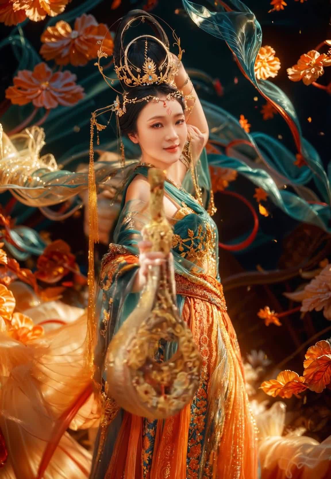 一个身着华丽古装的美女正缓慢地看向镜头。她的服饰色