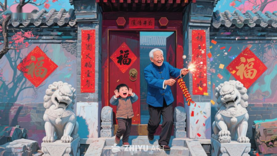 祖孙门前燃放鞭炮迎新春 1291