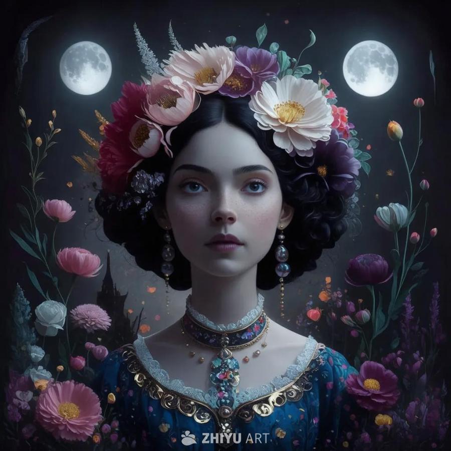 画面中是一位佩戴着花环的年轻女性。她的头发是黑色的