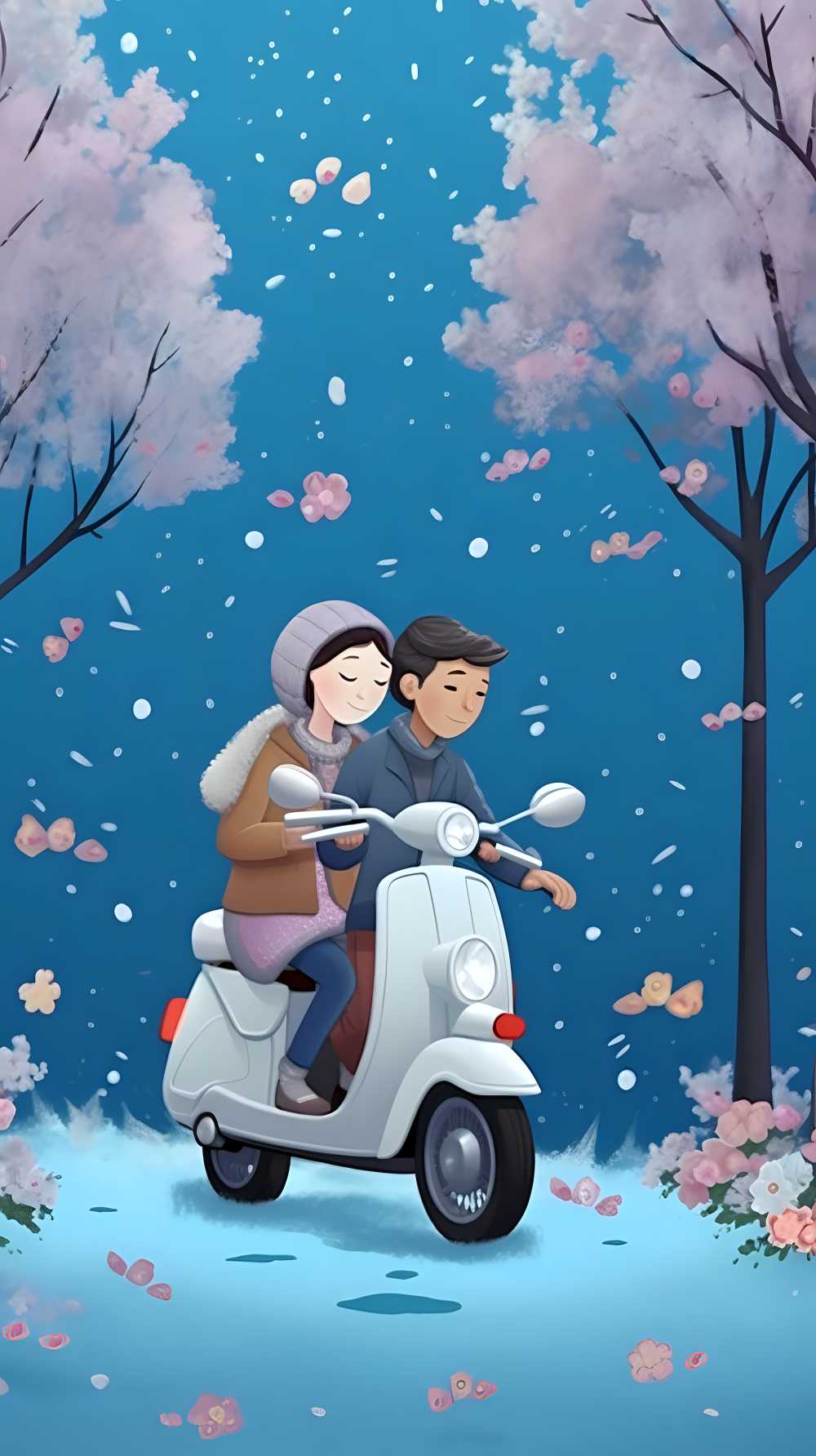 情侣在花季中骑电动车