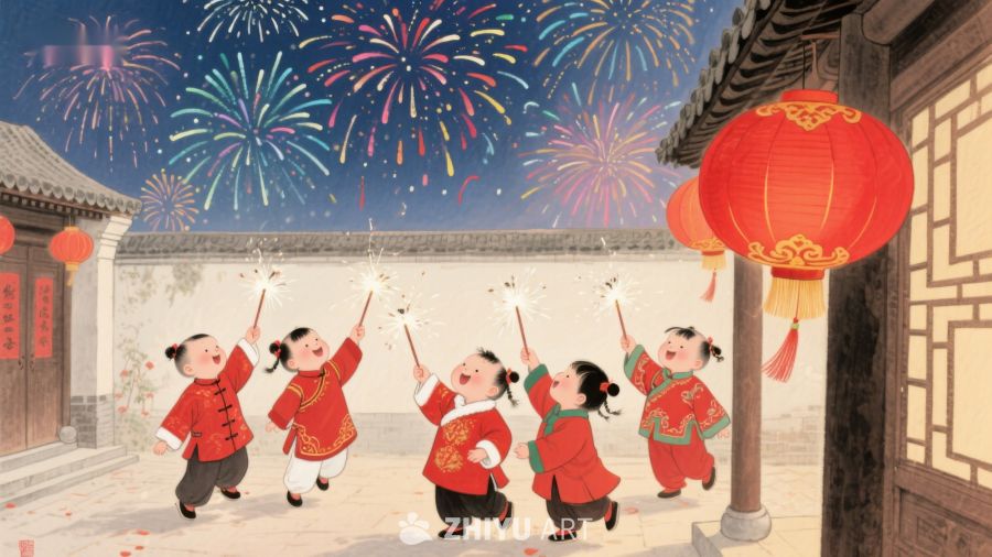孩童欢庆新年，烟花灯笼映夜空 270