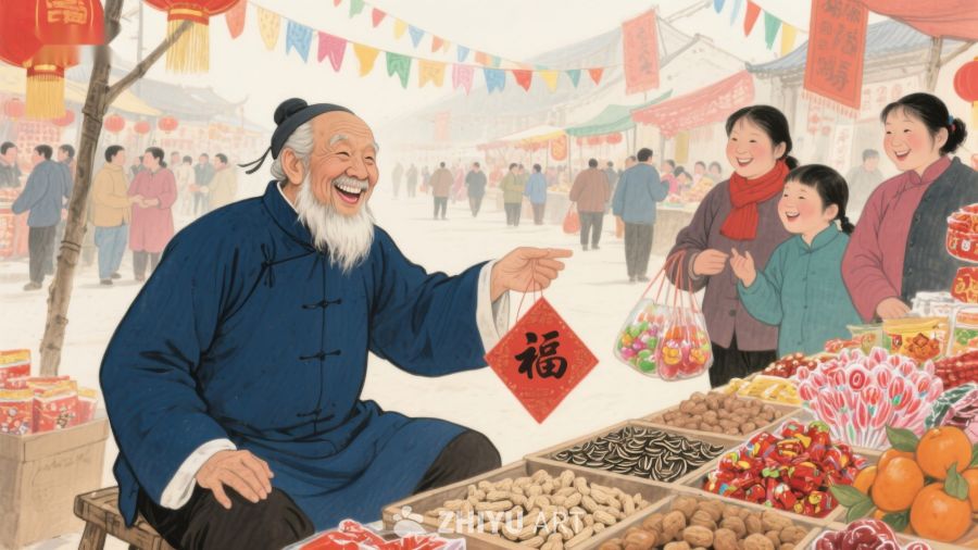 热闹集市上的福字祝福 105
