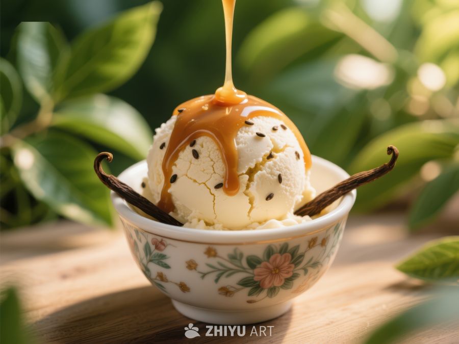 焦糖淋面的香草冰淇淋