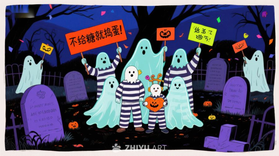 万圣节幽灵游行，手持标语庆祝