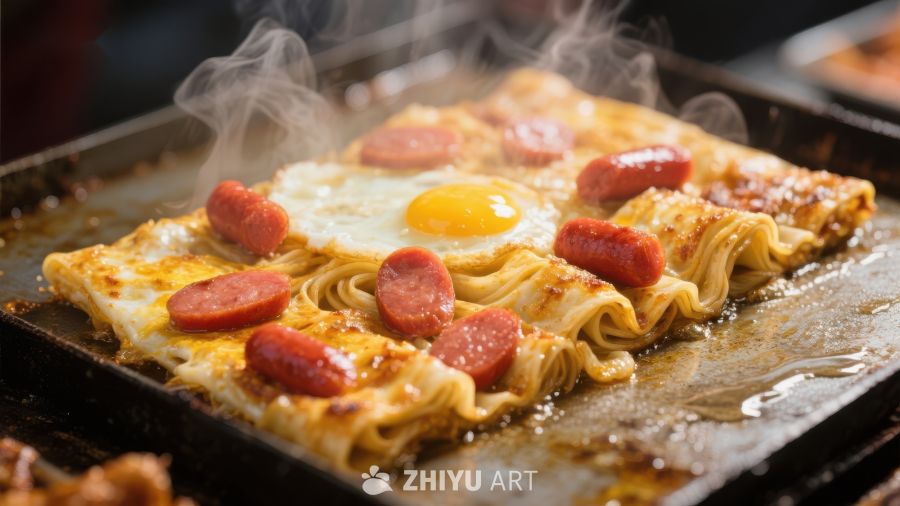 热腾腾的蛋肠意面美食