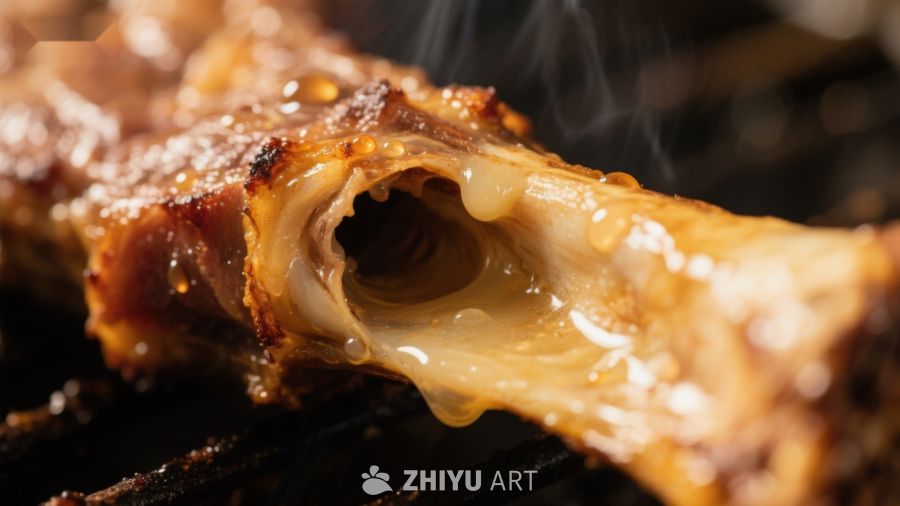 烤肉特写：油脂滴落，香气四溢