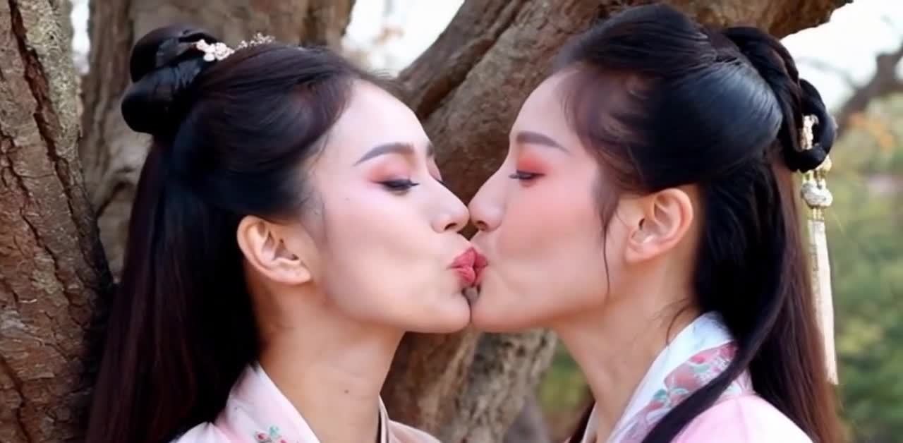 两个面容精致的女子化着淡妆，身穿华丽的汉服，站在一