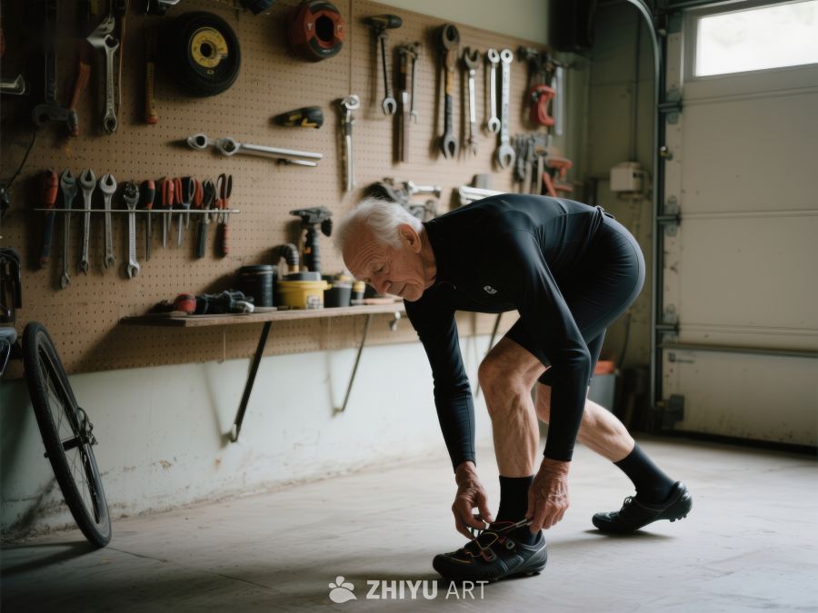 老人在车库整理鞋带 491